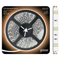 Светодиодная лента Gauss IP20 12V 7,2В/м 2700К LED 5050/30-SMD 7.2W 12V DC теплый белый (блистер 5м), 312000107