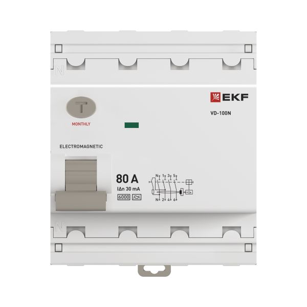 Выключатель дифференциального тока ВД-100N 4P 80А 30мА A эл-мех 6кА PROXIMA EKF