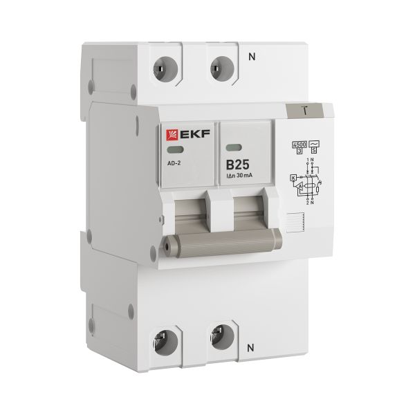 Дифференциальный автомат АД-2 25А/30мА (х-ка В, АС, электронный) 4,5кА EKF PROxima