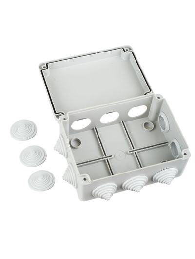 Коробка распаячная КМ41242 для открытой проводки безгалогенная (HF) 150х110х70мм IP55 10 гермовводов серая IEK