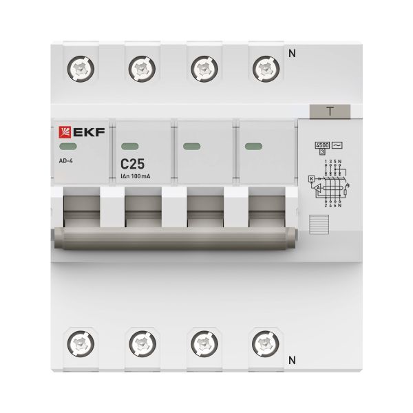 Дифференциальный автомат АД-4 25А/100мА (хар. C, AC, электронный) 4,5кА EKF PROxima