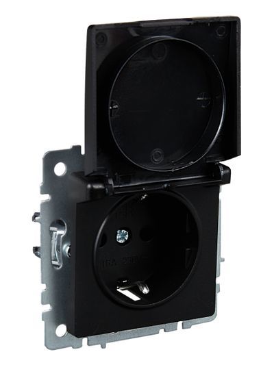 BRITE Розетка 1-местная с заземлением с защитными шторками и крышкой 16А IP20 РСбш10-3-БрЧ черный IEK