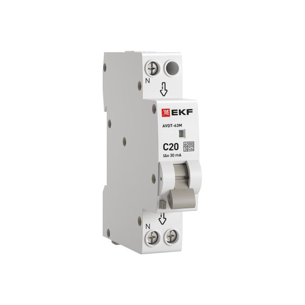 Автоматический выключатель дифференциального тока АВДТ-63M 1P+N (18мм) 20А 30мА характеристика С тип A электронный 6кА PROXIMA EKF