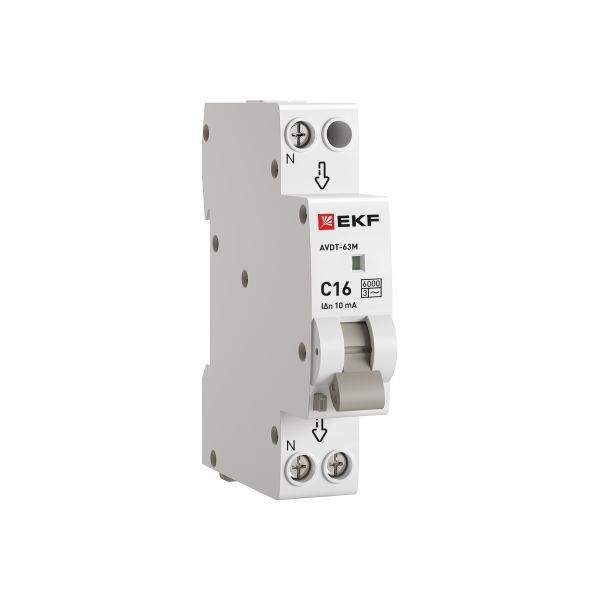 Автоматический выключатель дифференциального тока АВДТ-63M 1P+N (18мм) 16А 10мА характеристика C тип AС электронный 6кА PROXIMA EKF