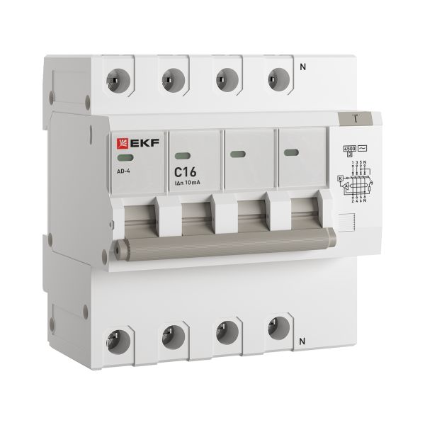 Дифференциальный автомат АД-4 16А/10мА (х-ка C, АС, электронный) 4,5кА EKF PROxima