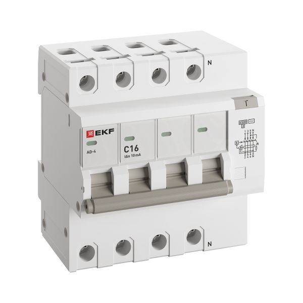 Дифференциальный автомат АД-4 16А/10мА (х-ка C, АС, электронный) 4,5кА EKF PROxima