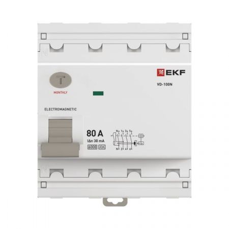 Выключатель дифференциального тока ВД-100N 4P 80А 30мА A эл-мех 6кА PROXIMA EKF