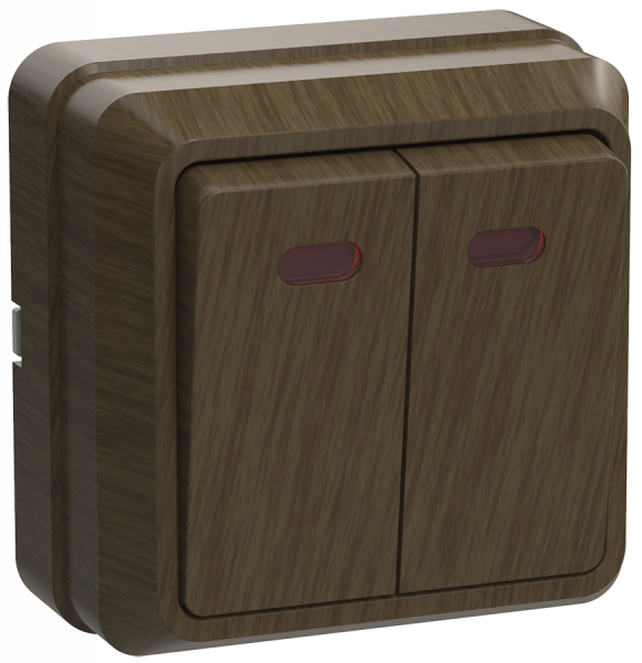 OKTAVA Выключатель 2-клавишный с индикацией для открытой установки 10А ВС20-2-1-ОД дуб GENERICA