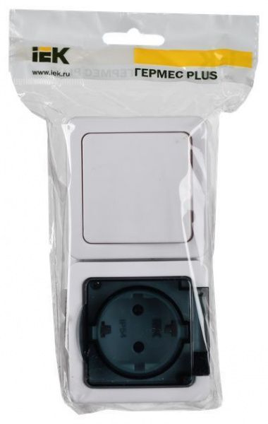 IEK  Гермес Plus  Блок гориз.:выкл. 1-кл. + роз. 1-ая з/к ОП IP54 (клав.: бел./цв. крыш. дымч.) БГб-