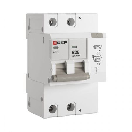 Дифференциальный автомат АД-2 25А/30мА (х-ка В, АС, электронный) 4,5кА EKF PROxima