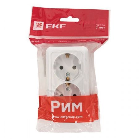 Рим Розетка 2-местная 16А с заземлением белая EKF