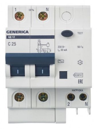 Дифференциальный автоматический выключатель АД12 2Р 25А 30мА GENERICA