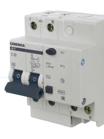 Дифференциальный автоматический выключатель АД12 2Р 50А 300мА GENERICA