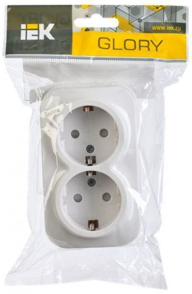 GLORY Розетка 2-местная для открытой установки с заземлением с защитными шторками 16А РСш22-3-ХБ белый IEK