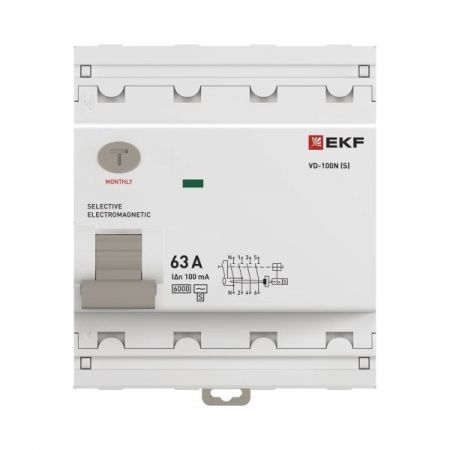 Выключатель дифференциального тока ВД-100N (S) 4P 63А 100мА тип AC эл-мех 6кА PROXIMA EKF