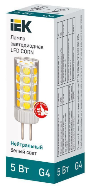 Лампа светодиодная CORN 5Вт капсула 4000К G4 12В керамика IEK LLE-CORN-5-012-40-G4
